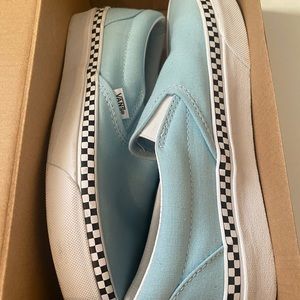 Check foxing cool blue slip on Vans. Size 7.5 women’s, size 7 mens